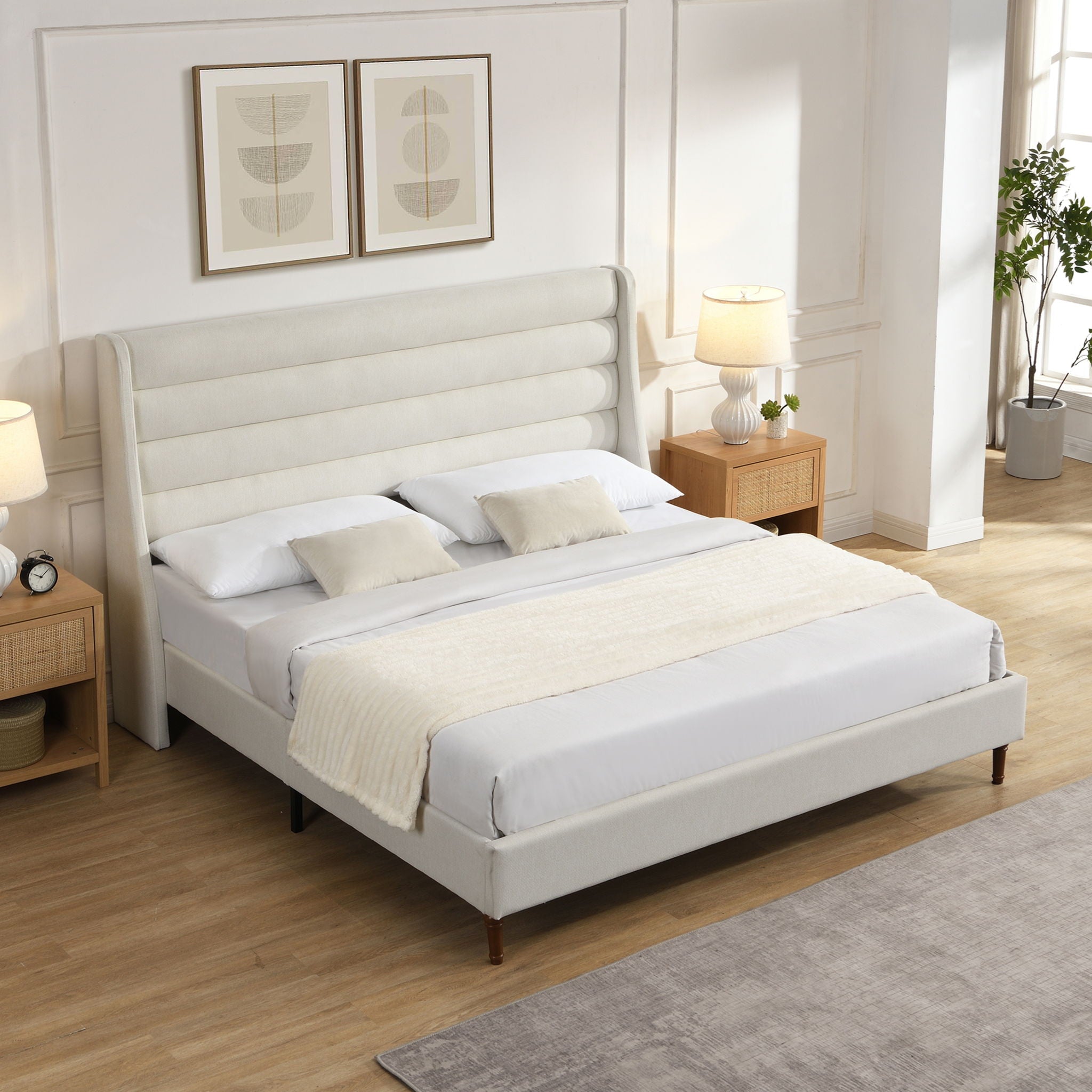 Modern Upholstered Platform Bed With Wave Shaped Headboard