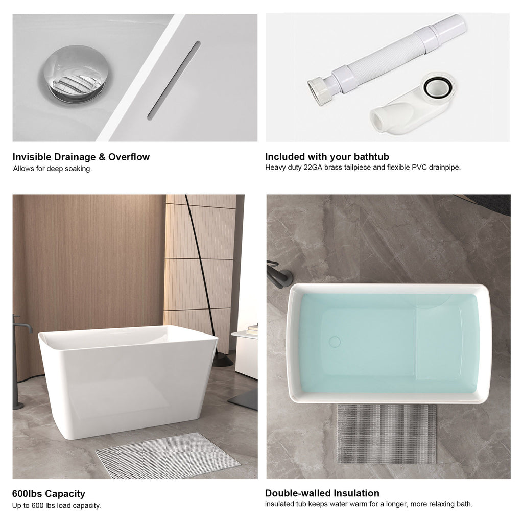 Freestanding Bathtub With Built In Seat, Rectangle Shape, Invisible Overflow & Pop Up Drain - Gloss White