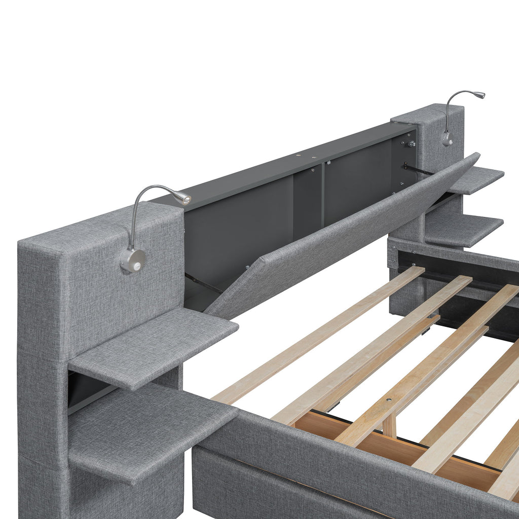 Upholstered Platform Bed With Reading Lights, Drawers, Trundle And Shelves