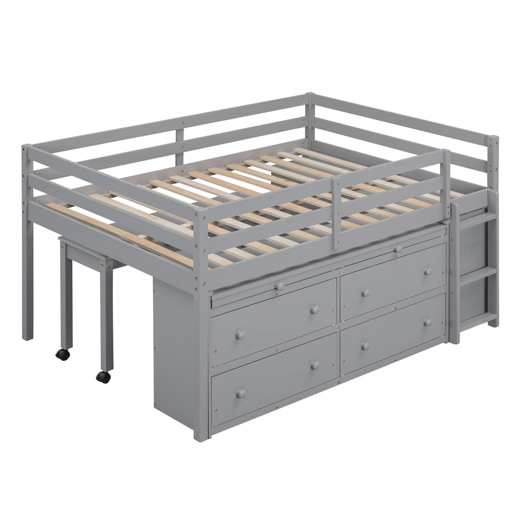 Loft Bed With Retractable Writing Desk And 4 Drawers, With Lateral Portable Desk And Shelves