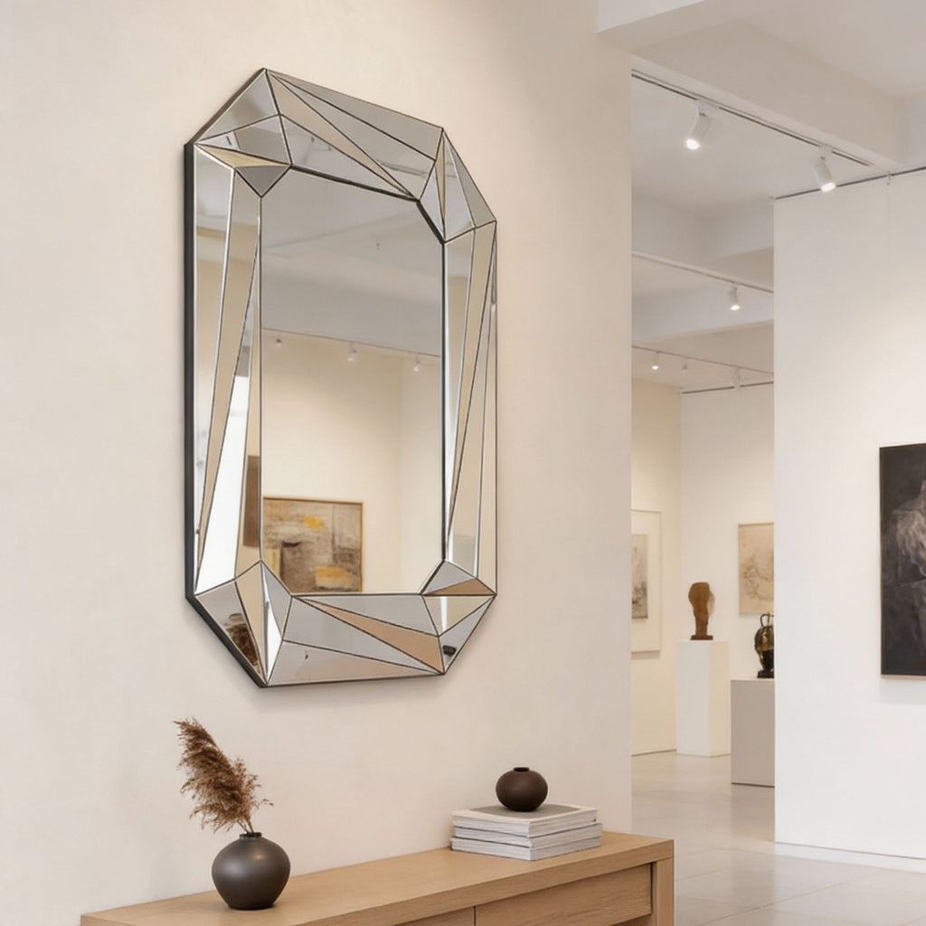 Diamond Shaped Wall Mirror With Beveled Edge Frameless Design - Silver