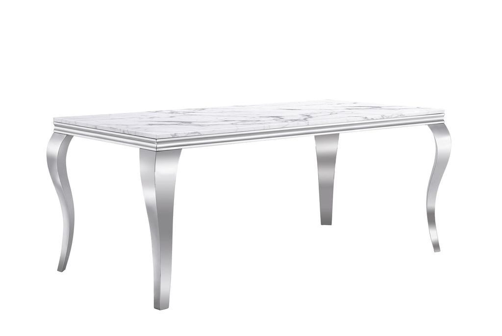 Marble Printed Rectangular Dining Table, Frame And Stainless Steel Legs - Silver / White