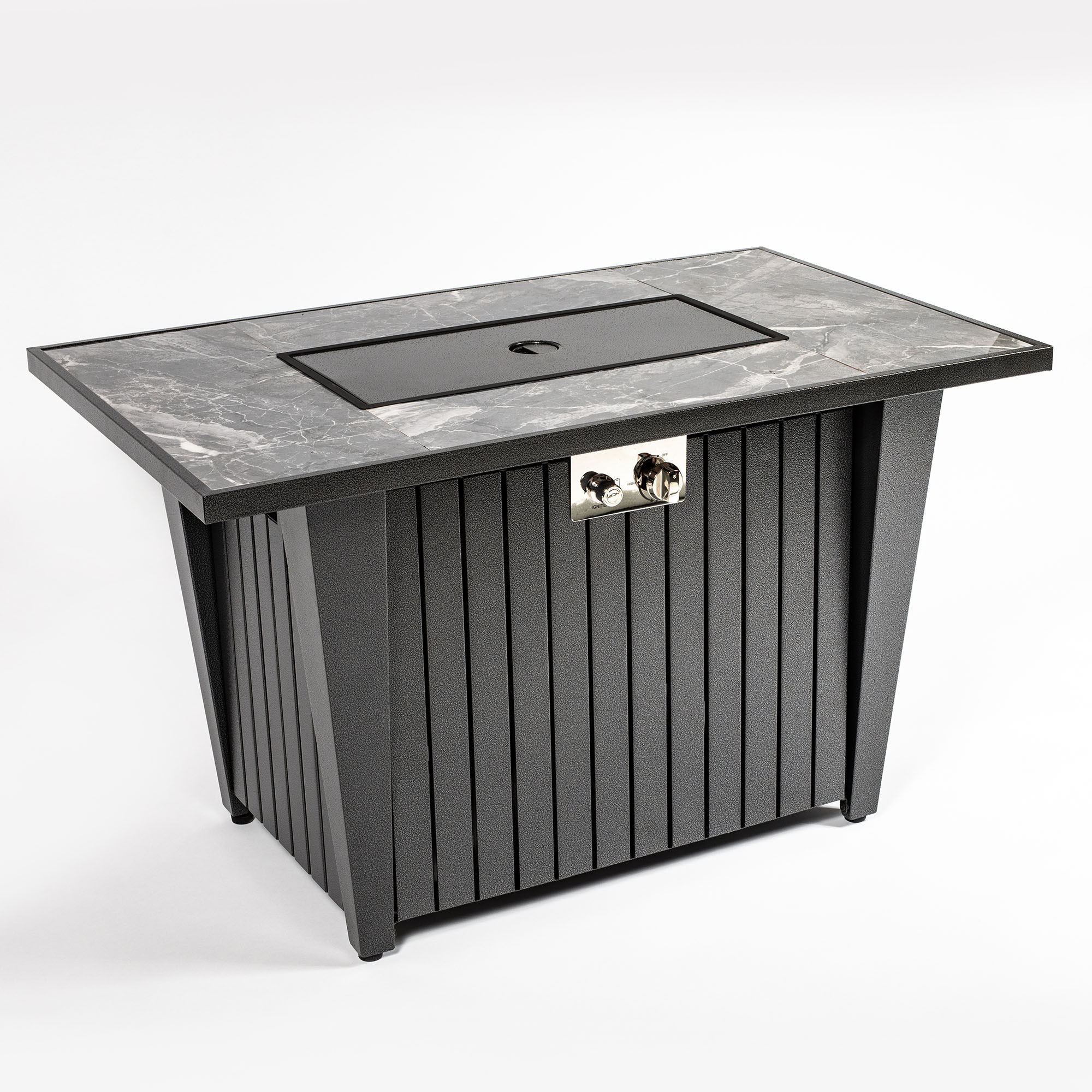 Morden Steel Fire Pit Table With Marble Tile Tabletop, Glass Wind Guard And Lid