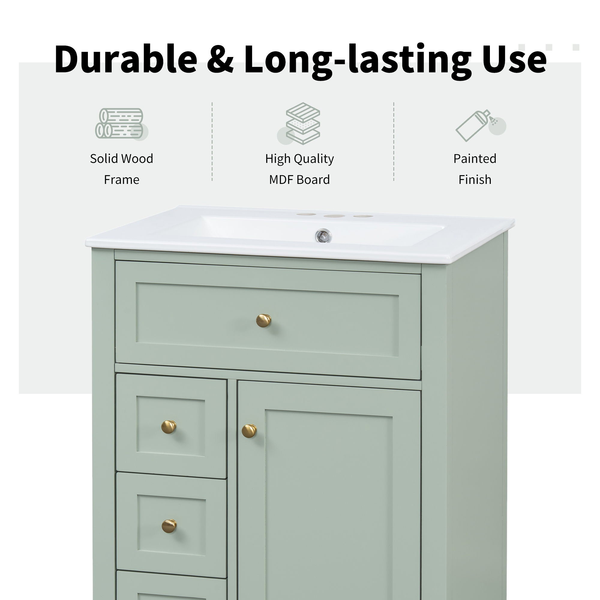 Bathroom Vanity With Sink, 3 Drawers & Cabinet With Adjustable Shelves