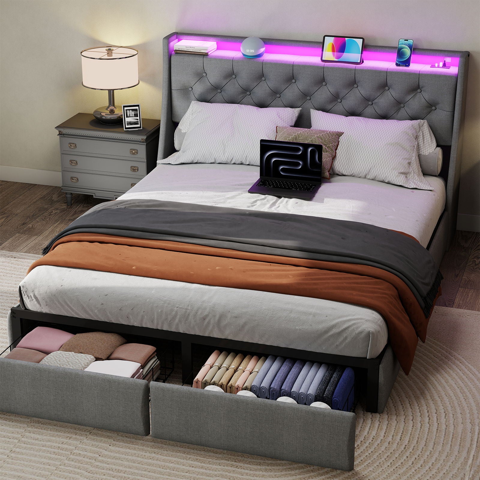 Floating Bed Frame With Rgb LED Light, 2 Storage Drawers & Headboard Shelf