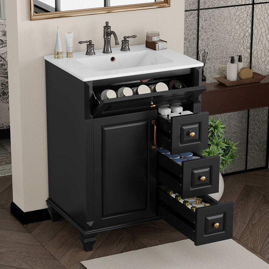Freestanding Bathroom Vanity With Sink, 3 Drawers & Flip-Out Drawer