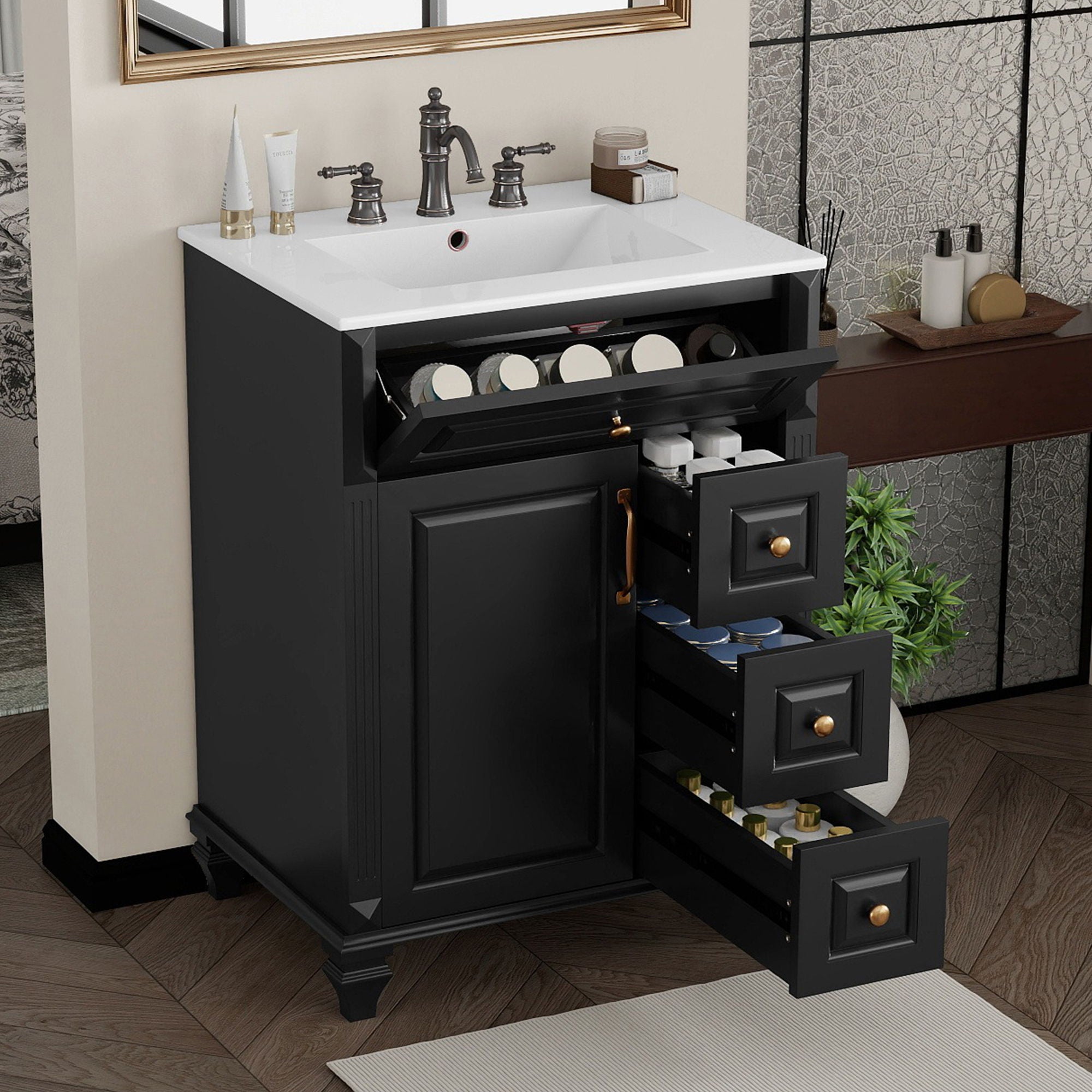 Freestanding Bathroom Vanity With Sink, 3 Drawers & Flip-Out Drawer