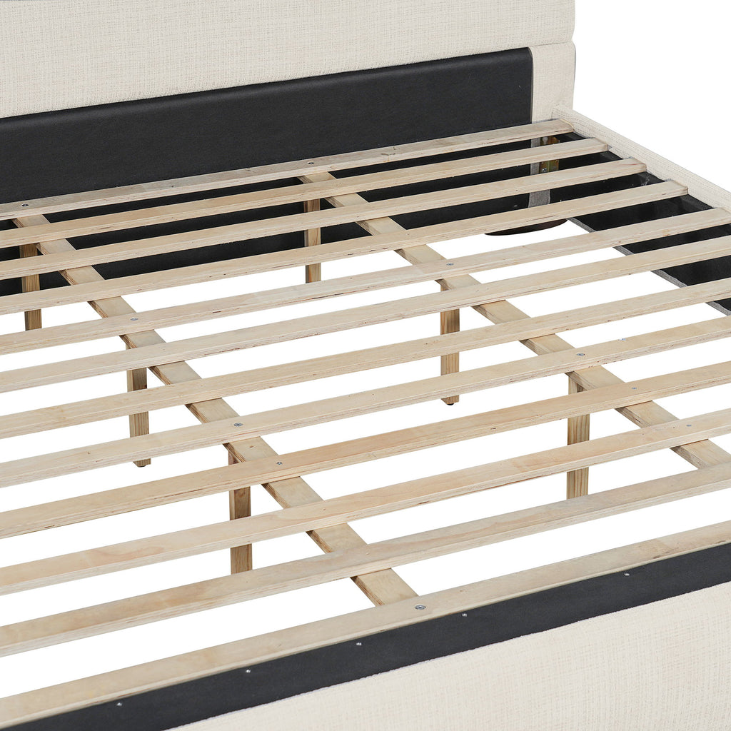 King Upholstered Bed With Slats Support - Beige