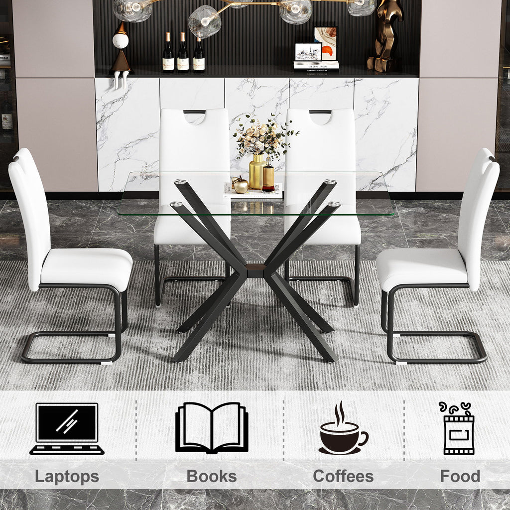 Rectangular Clear Tempered Glass Dining Table, Stylish Design With Plated Metal Legs