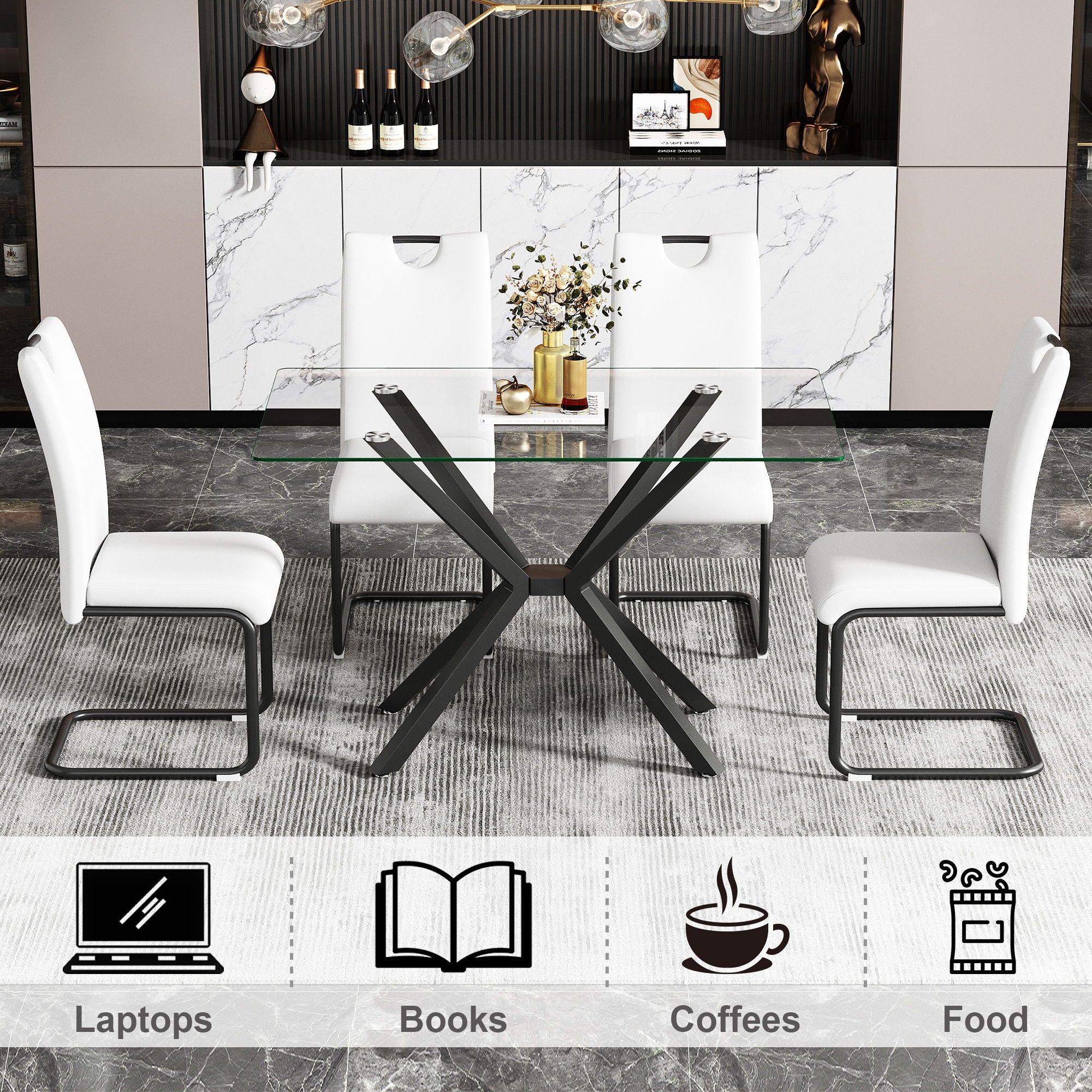 Rectangular Clear Tempered Glass Dining Table, Stylish Design With Plated Metal Legs