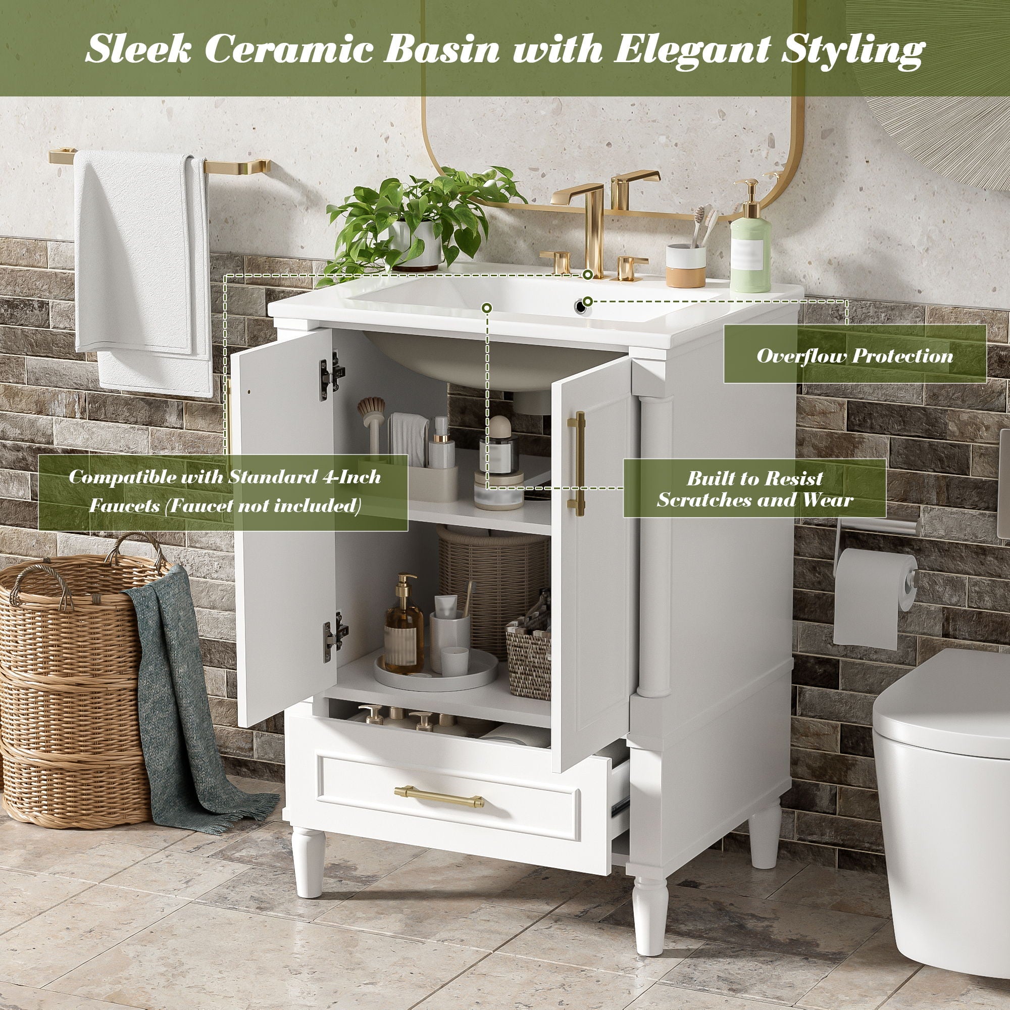 Bathroom Vanity With Ornate French Cylinder Legs, Soft Close Drawer