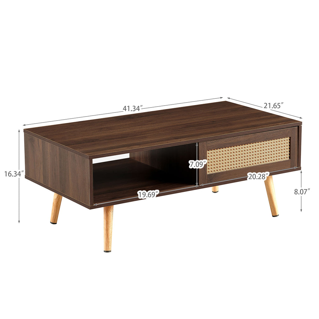 41.34" Rattan Coffee Table, Sliding Door For Storage, Solid Wood Legs, Modern Table For Living Room