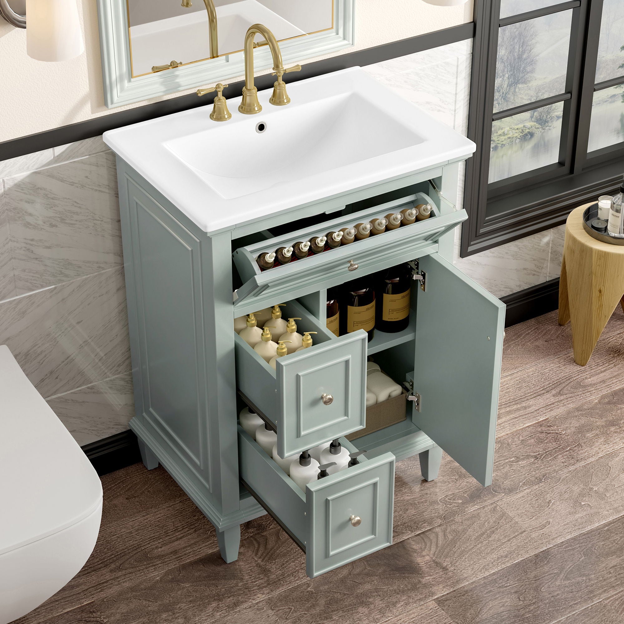 Modern Bathroom Vanity With Sink, Adjustable Shelf, 1 Flip Drawer & 2 Drawers