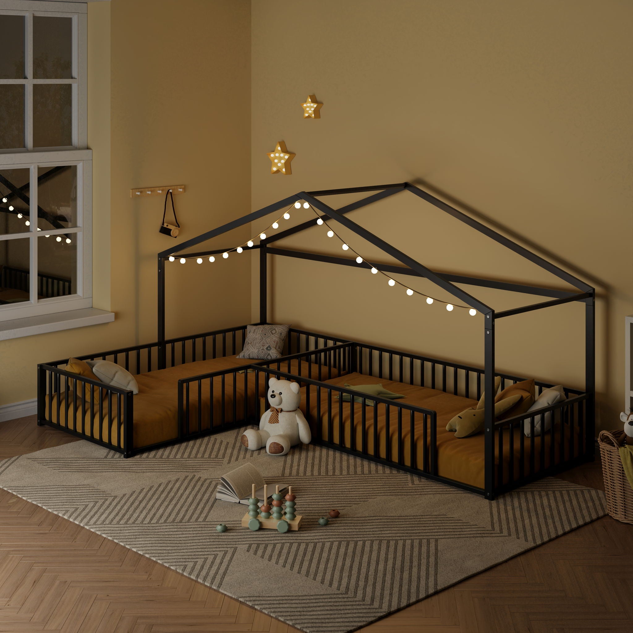 L-Shaped Montessori Bed For 2 Kids With Partitioned Fence