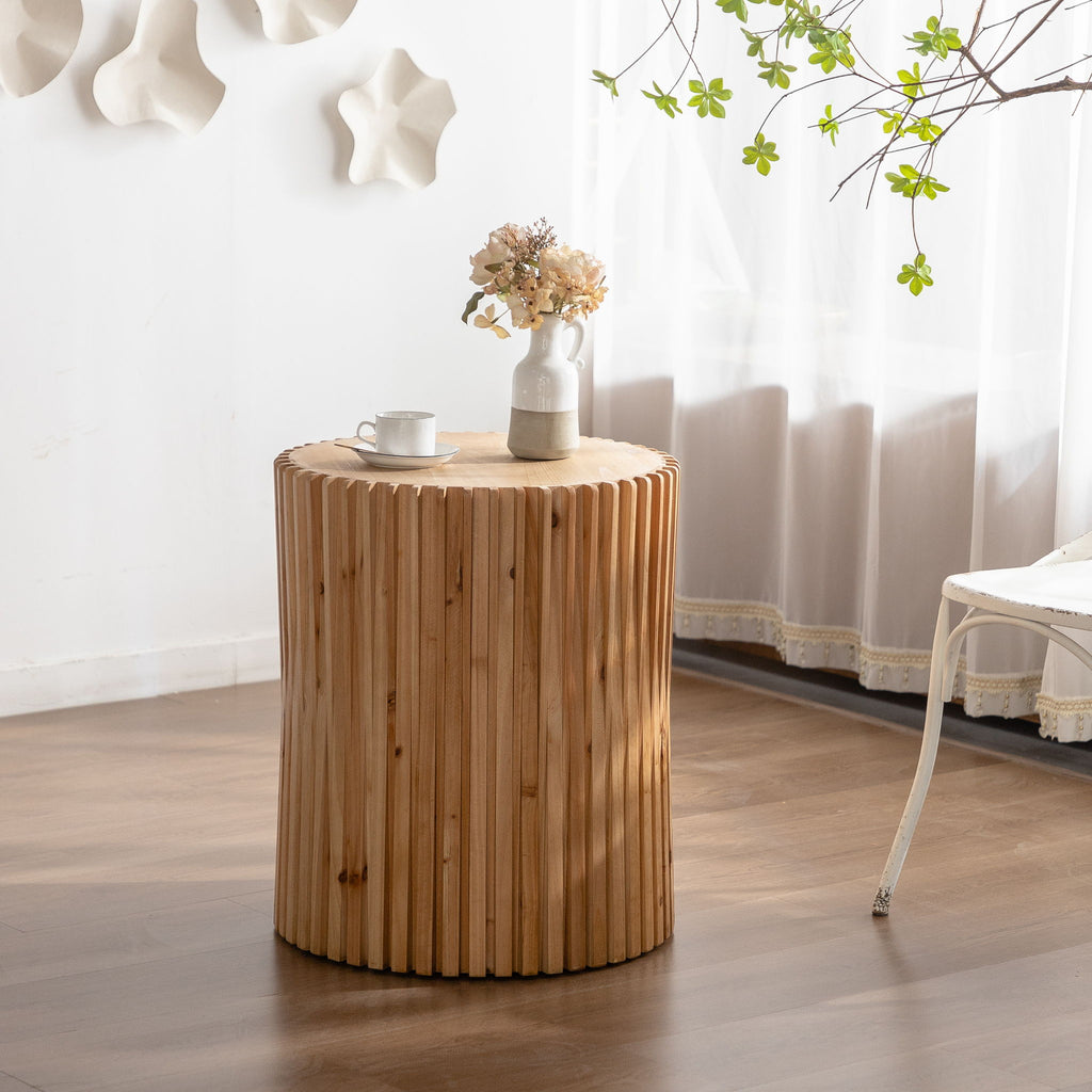 Cylindrical Side Table With Vertical Texture Relief Design - Natural