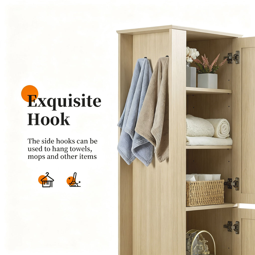Tall Freestanding Bathroom Storage Cabinet With Adjustable Shelves And Side Hooks