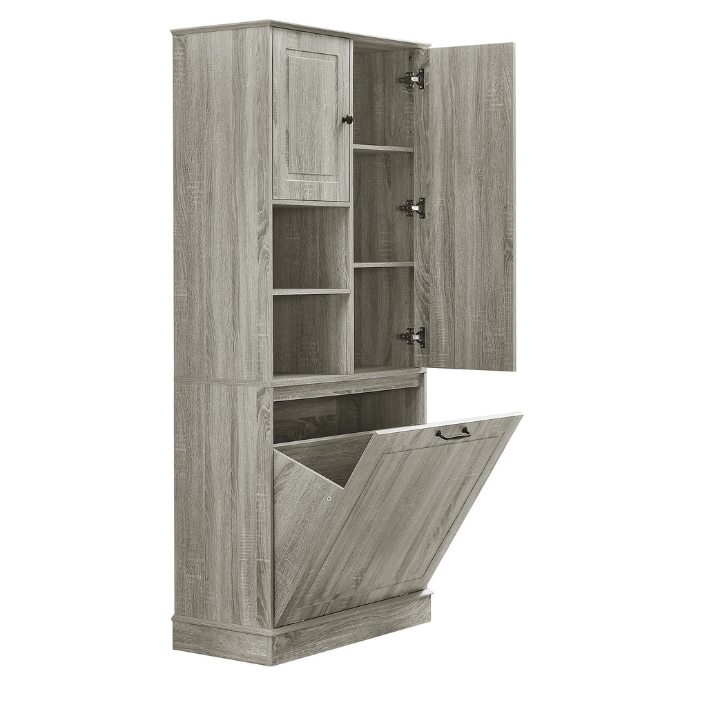 Modern Tall Storage Cabinet With Adjustable Shelves, Flip-Out Basket & Enclosed Doors