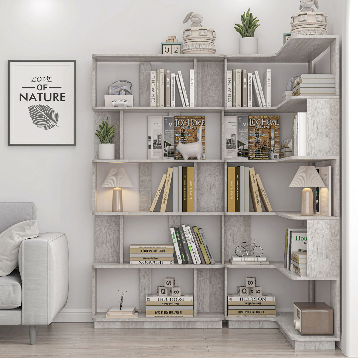 L-Shaped Corner Bookshelf 90Cm Extended Size 5 Tier Freestanding Display Shelf With Anti Tip Safety Features - Light Gray