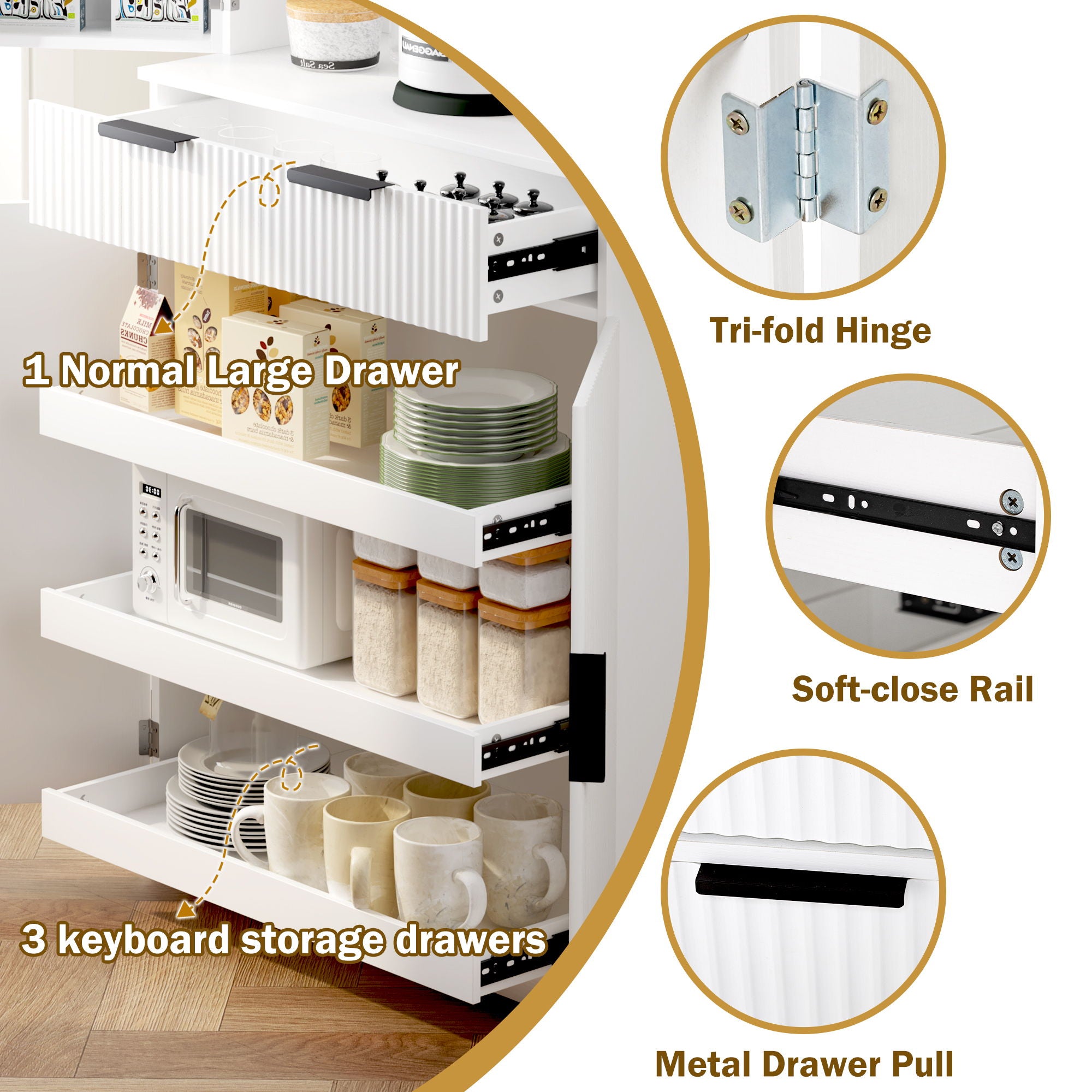 Fluted Kitchen Pantry Cabinet With 3 Keyboard Drawers & 6 Adjustable Door Shelves