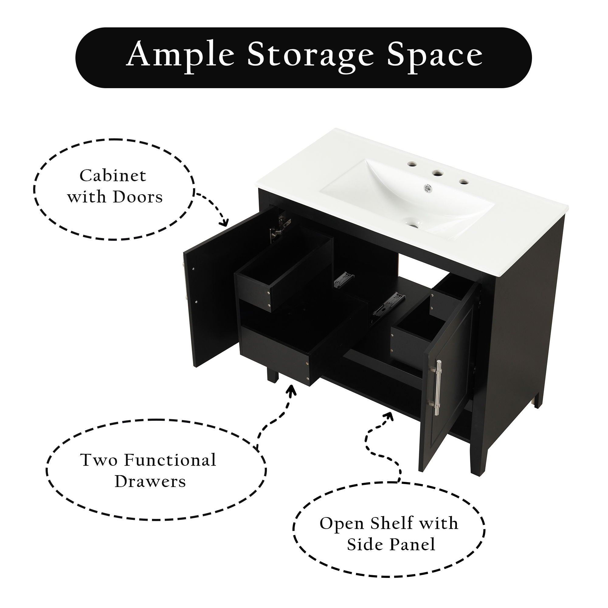 36" Bathroom Vanity With Sink, Frame Cabinet With Doors And Drawers - Black