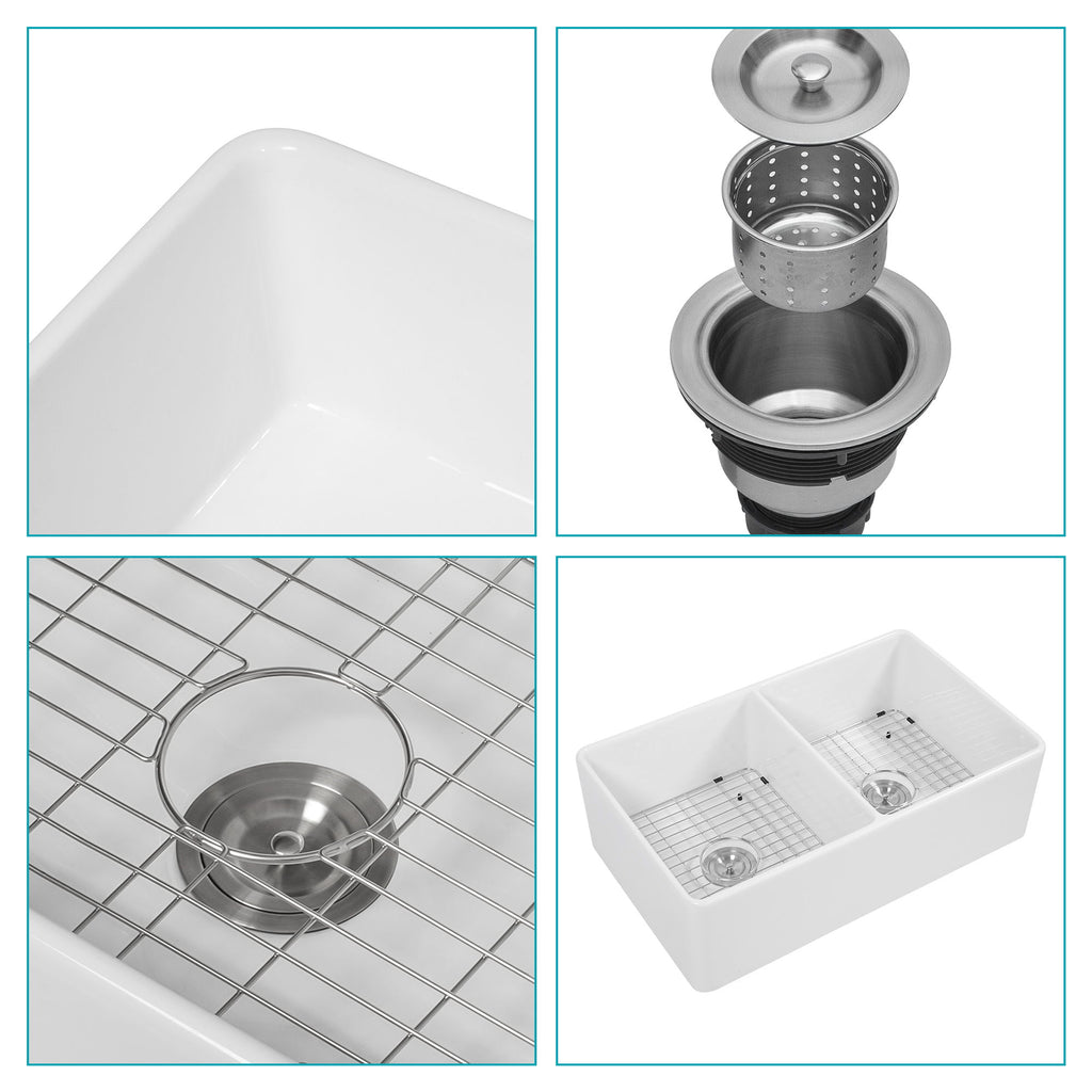 Sink 33" Double Bowl Kitchen Sink With Deep Bowls And Grids - White