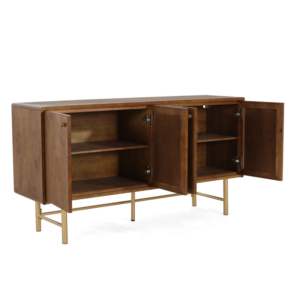 Modern Scandinavian 4 Door Sideboard Storage Cabinet With Adjustable Shelves - Brown / Gold