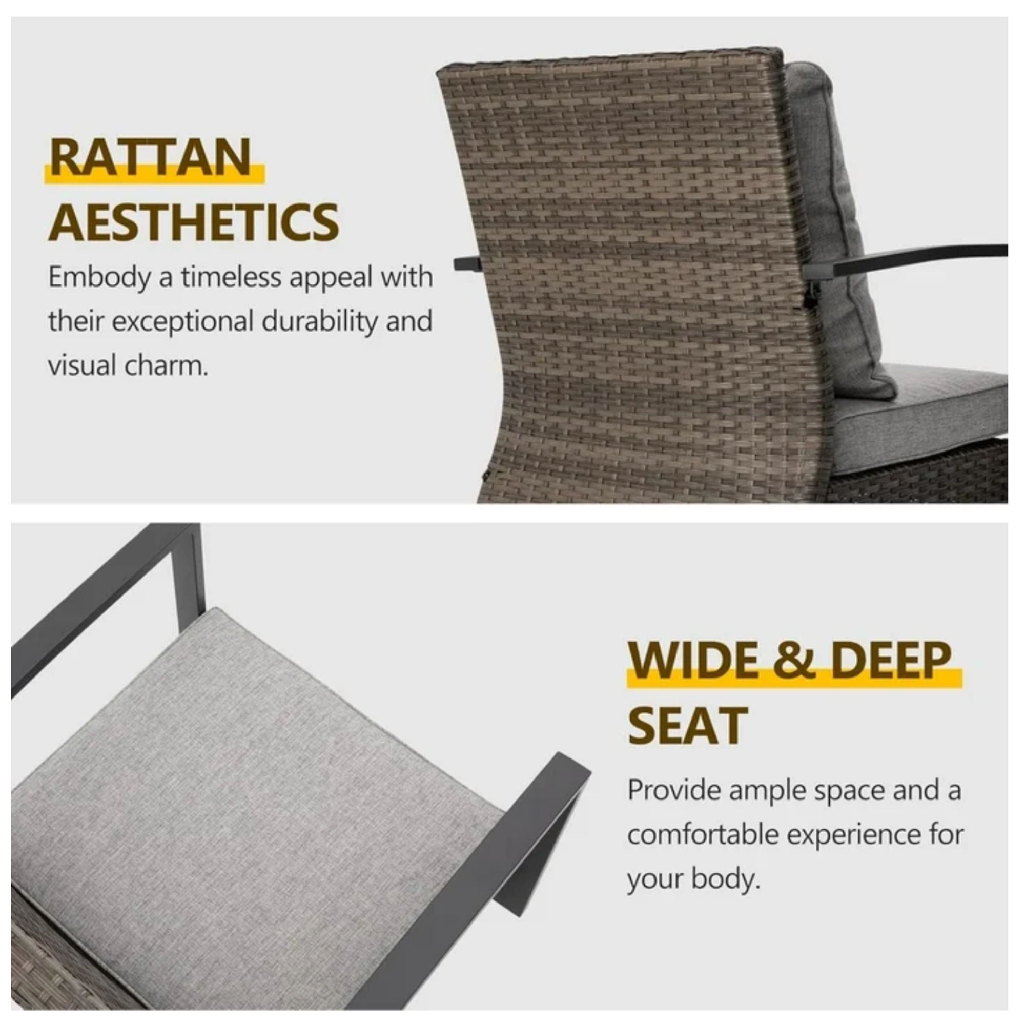 3 Piece Patio Furniture, Swivel Rocker Bistro Set With Side Table & Cushions For Porch - Gray