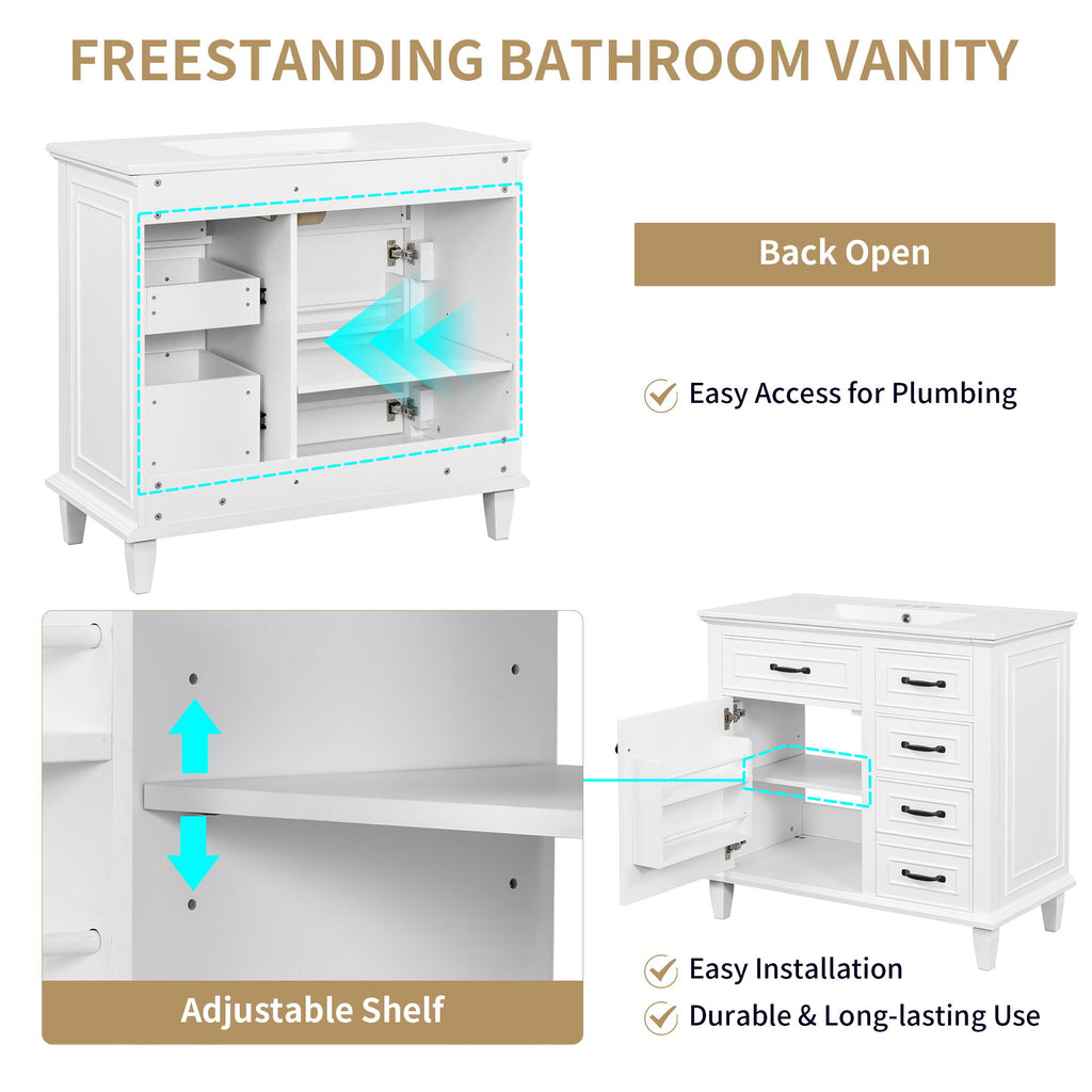 Modern Bathroom Vanity With Sink Top, Flip Drawers, Adjustable Shelf