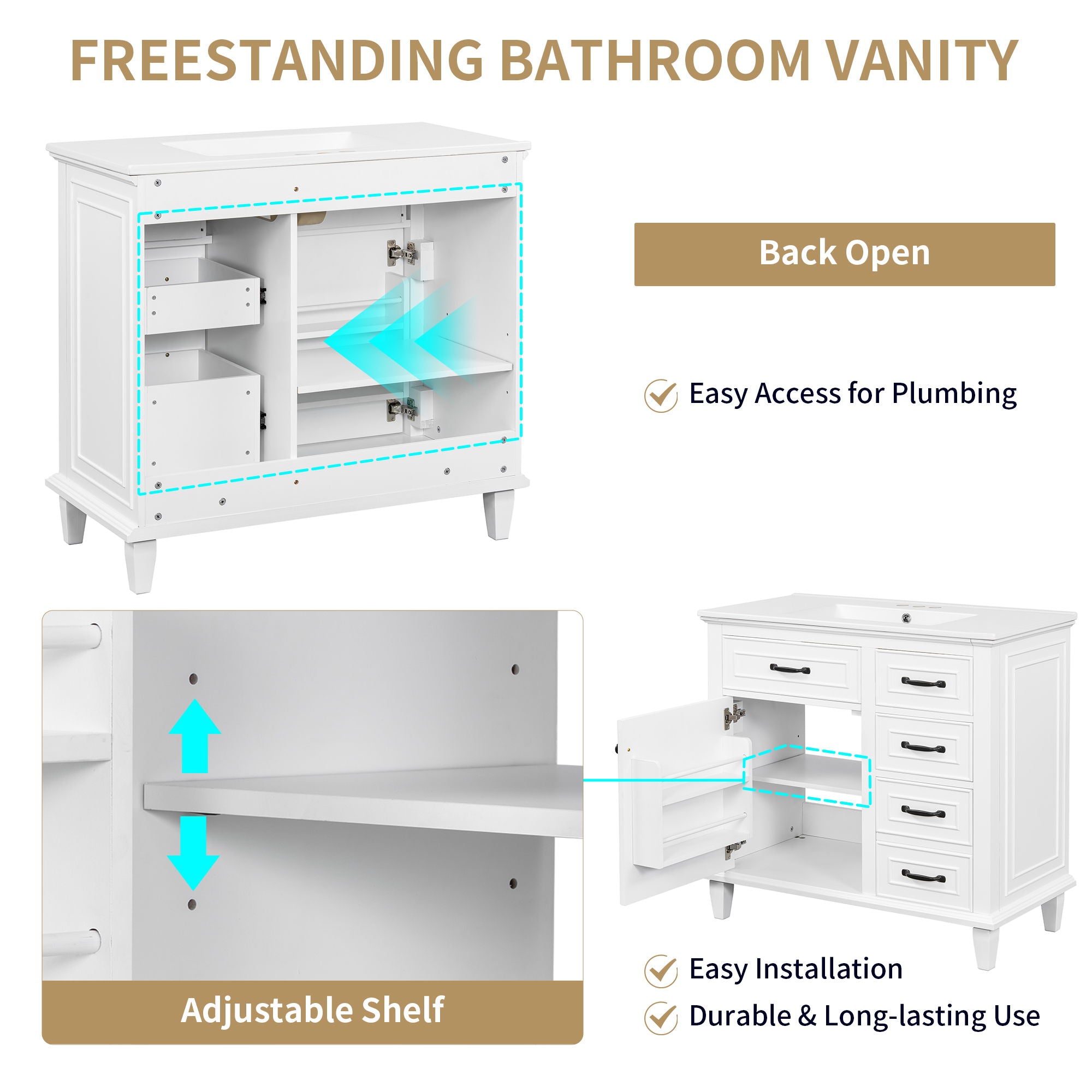Modern Bathroom Vanity With Sink Top, Flip Drawers, Adjustable Shelf