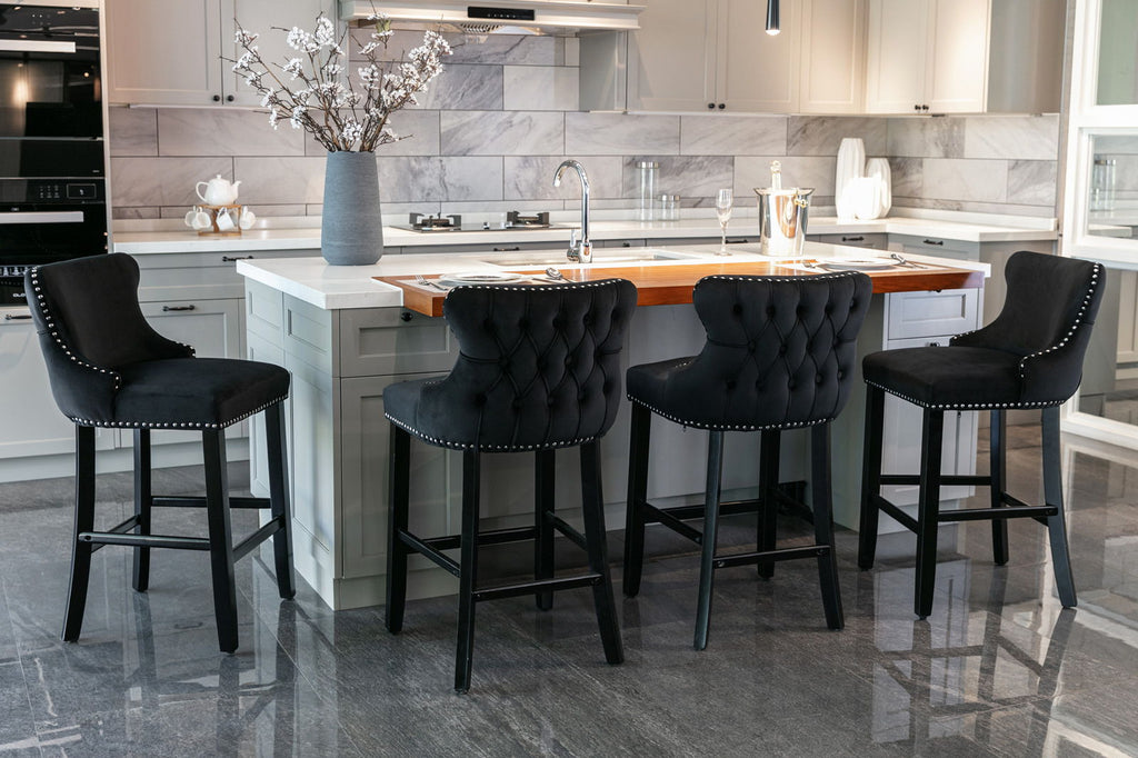 Contemporary Upholstered Wing-Back Barstools With Button Tufted Decoration And Wooden Legs, And Nailhead Trim, Leisure Style Bar Chairs, Bar Stools (Set of 2)