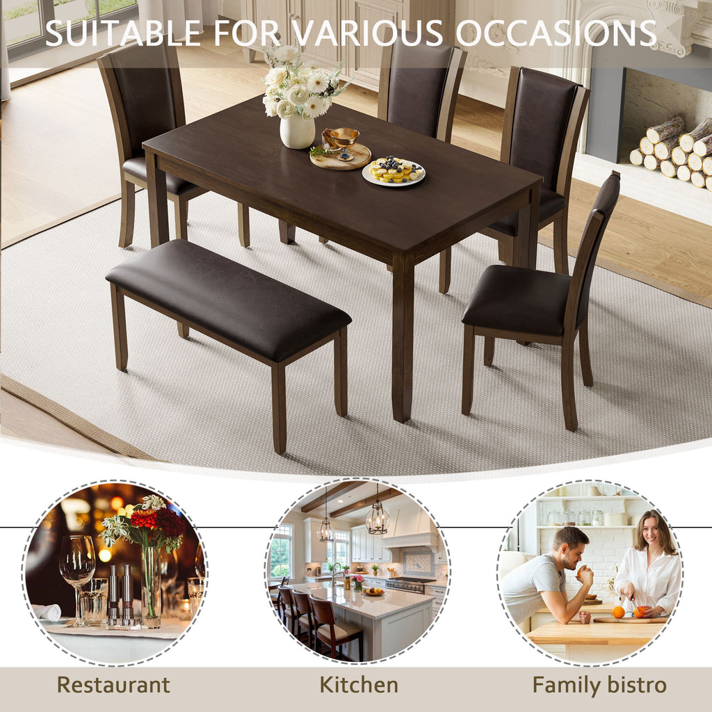 6 Piece Dining Table Set & Bench And Chairs For Dining Room - Dark Walnut
