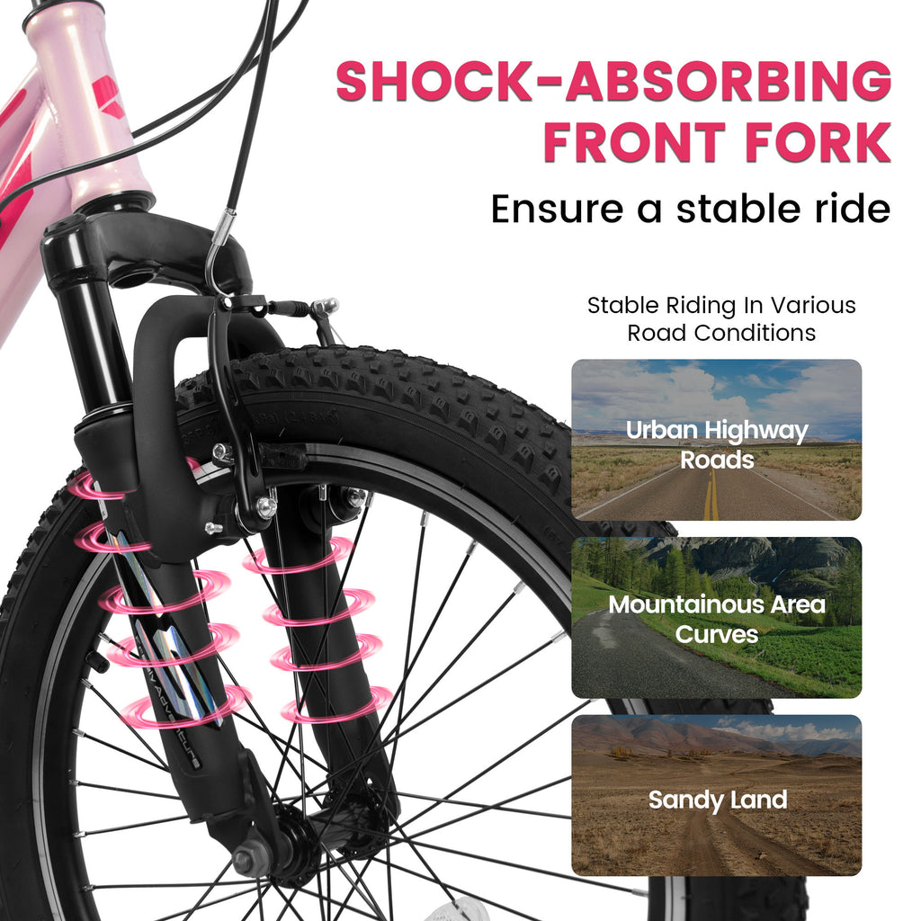 20" Children's Bicycle Shock Absorbing Front Fork 7 Speed V Brakes Mountain Tire Boys And Girls Kids Bike For Outdoor Adventure - Pink