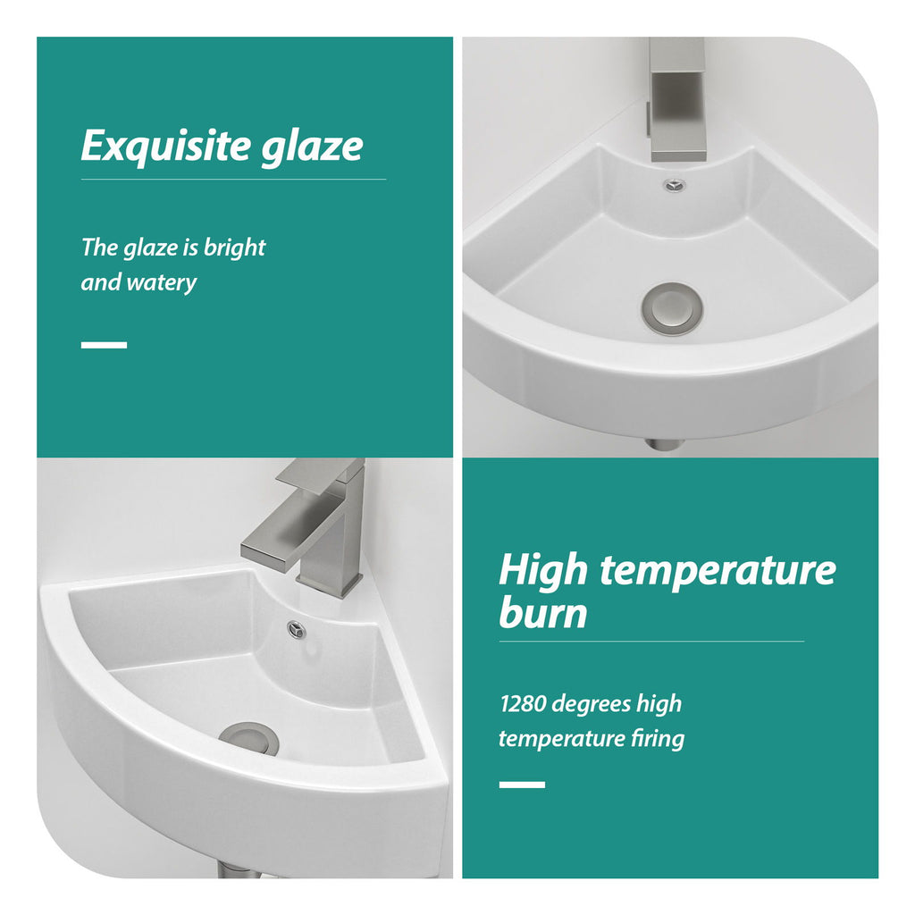 Triangle Porcelain Wall Mount Vessel Sink With Single Faucet Hole & Overflow - White