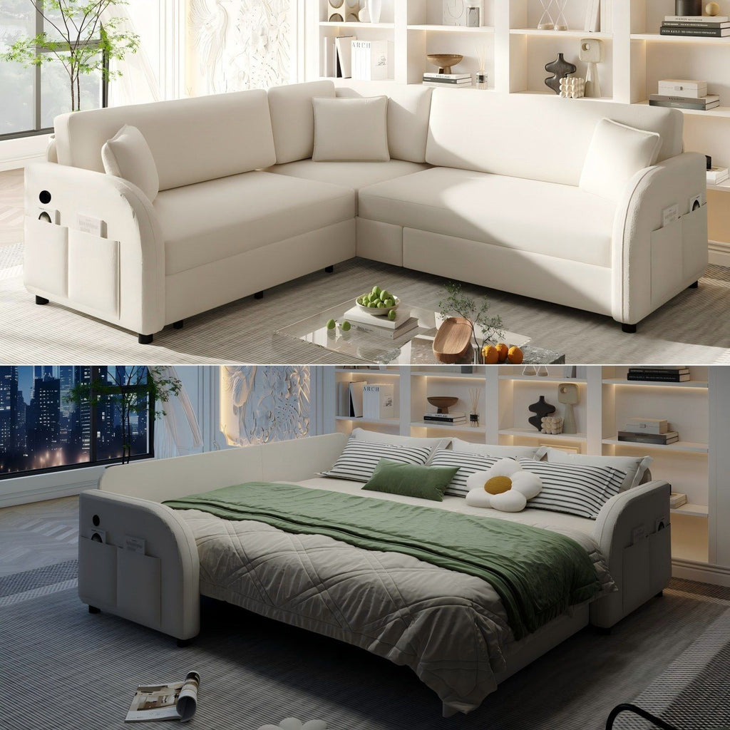 L-Shaped Couch With Pull-Out Bed, Oversize Convertible Sleeper Sofa With Side Pocket & USB Port