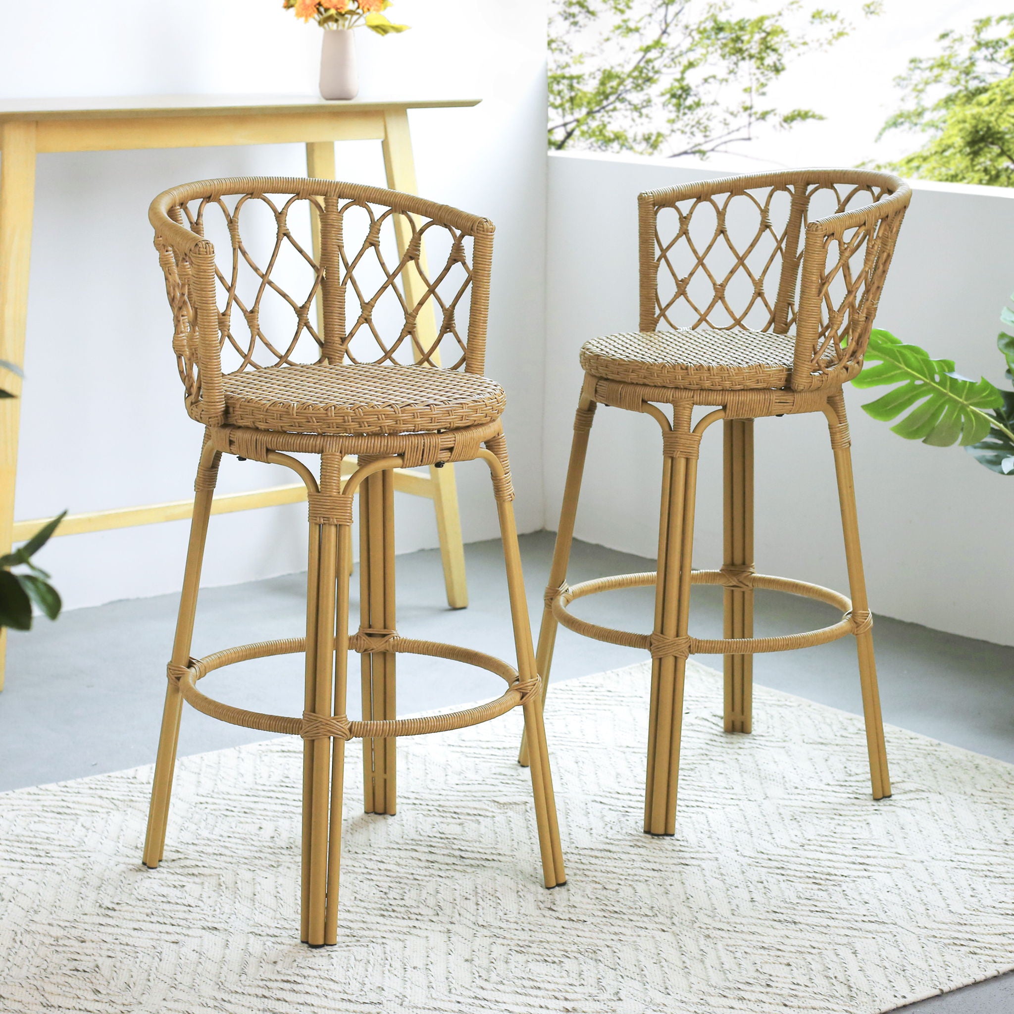 Bohemia - Outdoor Brown Wicker Bar Stool (Set of 2) With Metal Frame And Faux Rattan - Light Brown