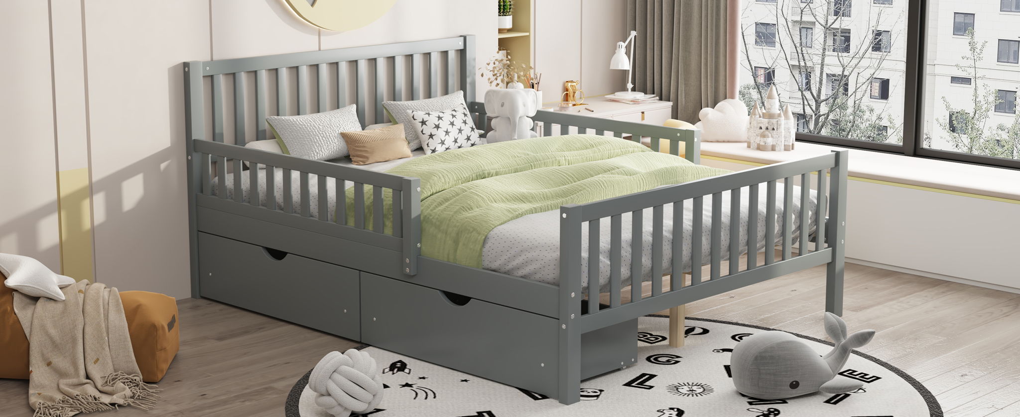 Platform Bed With Guardrails On Both Sides And 2 Storage Drawers