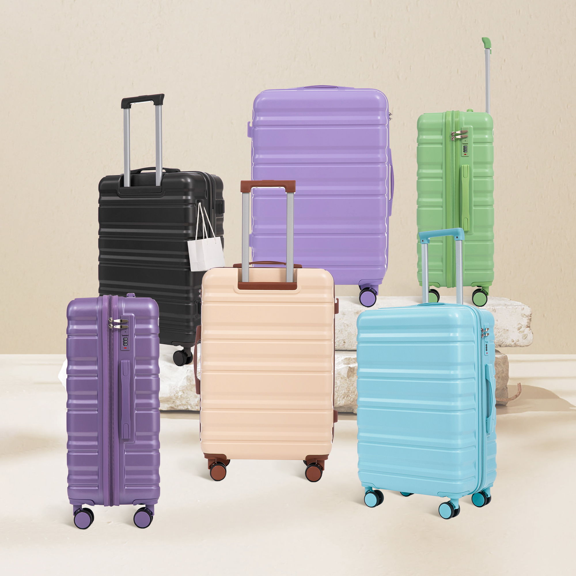 3 Piece 20" / 24" / 28" Spinner Luggage Set & Combination Lock, Durable Hard Shell With 360° Silent Wheels - Blue / Purple