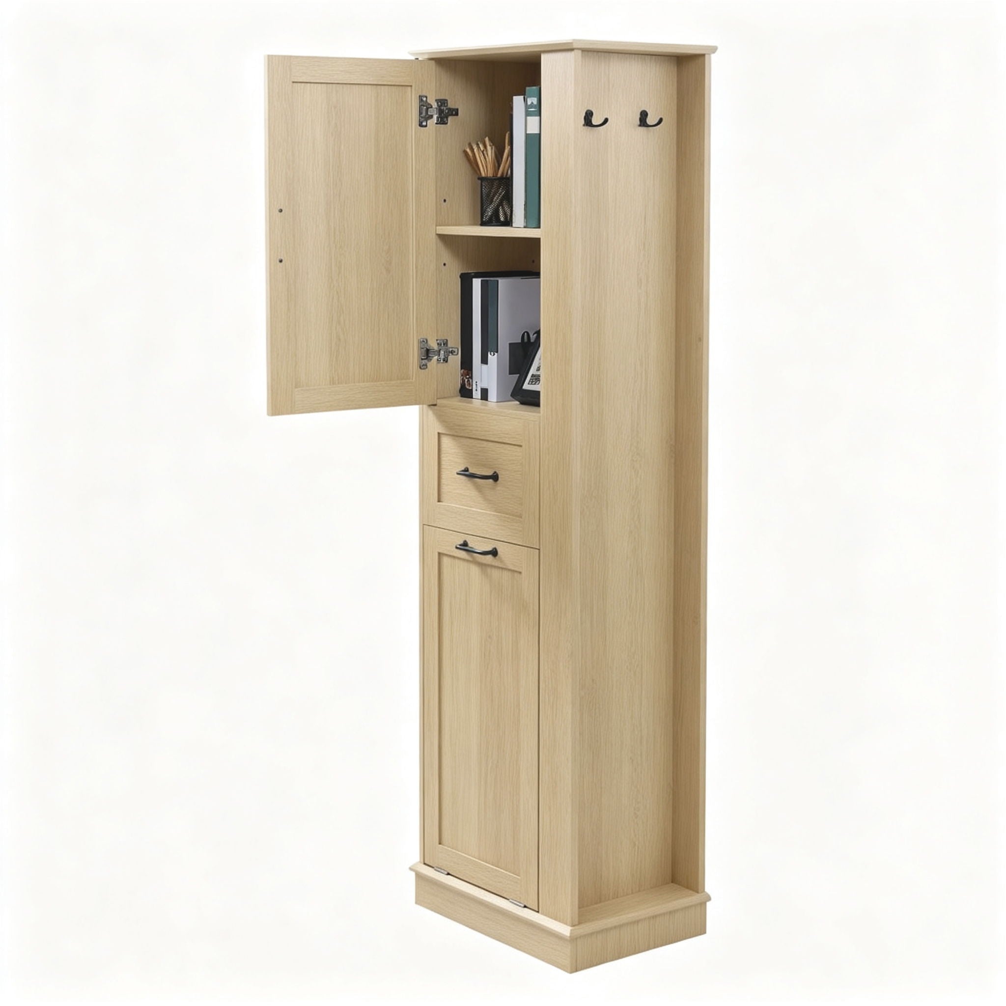 Modern Tall Storage Cabinet With Tilt-Out Compartment, Adjustable Shelves