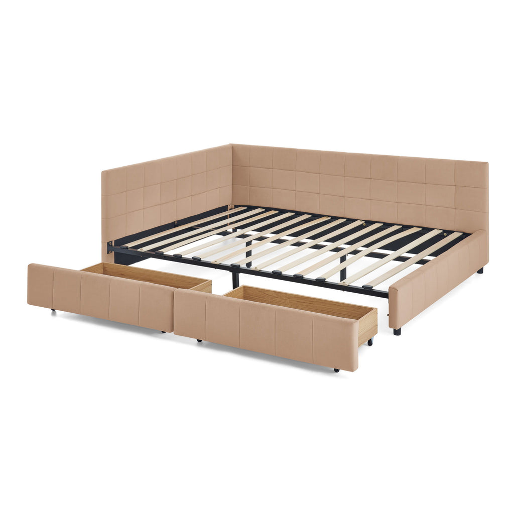 Mid-Century Storage Upholstered Tufted Bed Frame With Backrest And Armrests