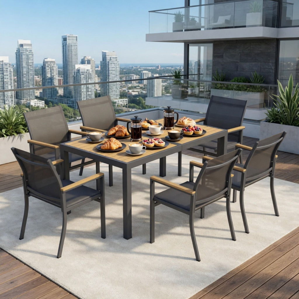 7 Piece Gray Aluminum Patio Dining Set With Textilene Chairs For Outdoor Living Frame With Accents, 59" Rectangle Table, All Weather Durable