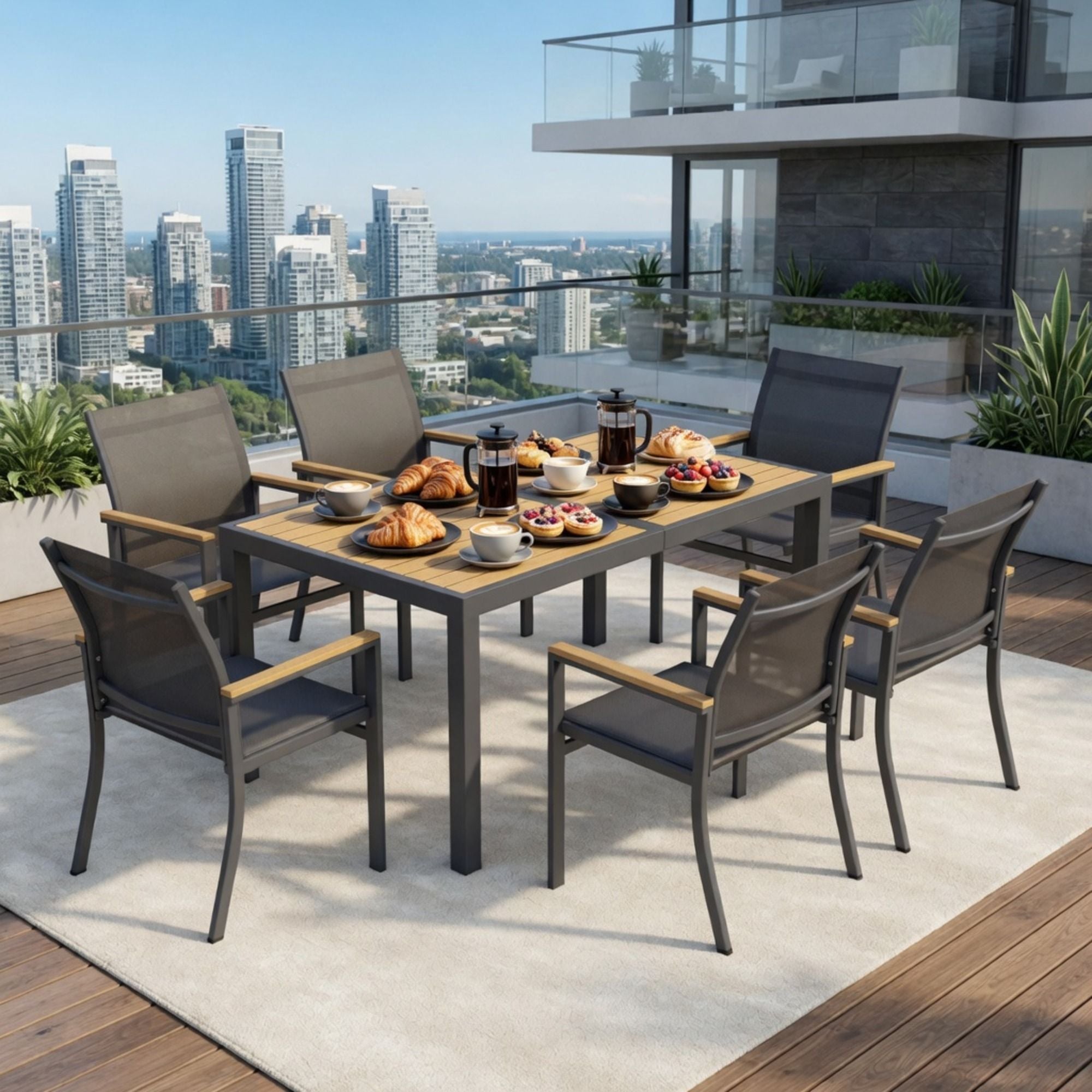 7 Piece Gray Aluminum Patio Dining Set With Textilene Chairs For Outdoor Living Frame With Accents, 59" Rectangle Table, All Weather Durable