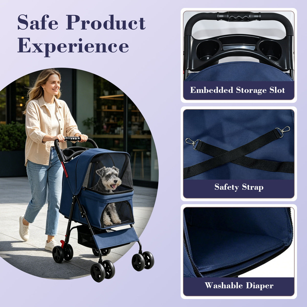 Foldable Pet Stroller For Small Dogs And Cats With Multi Functional Tray