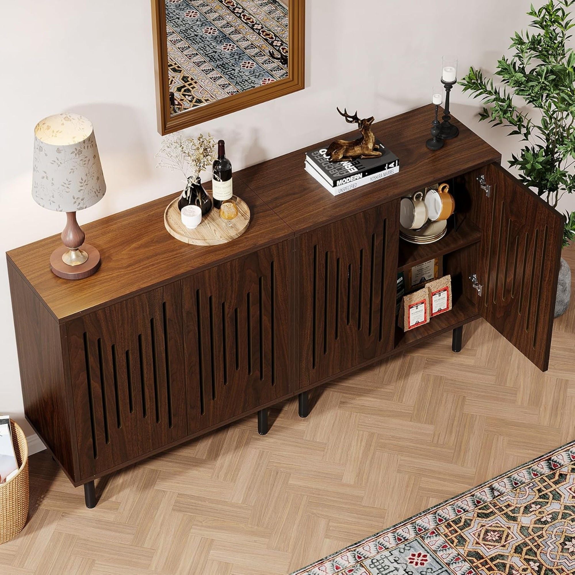 Buffet Sideboard Cabinets With Adjustable Shelves For Dining Room (Set of 2) - Dark Brown