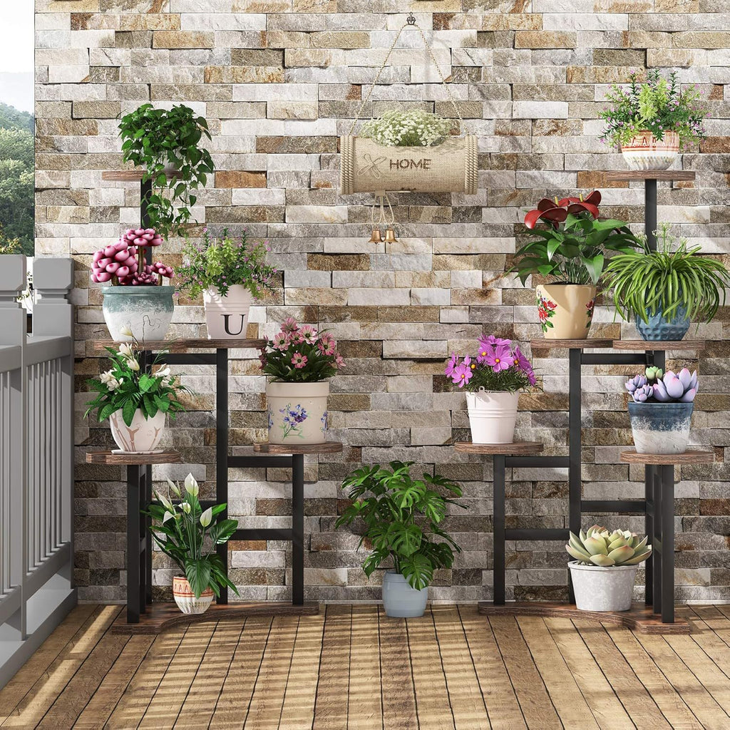 6 Tier Corner Plant Shelf With Frame For Living Room - Rustic Brown