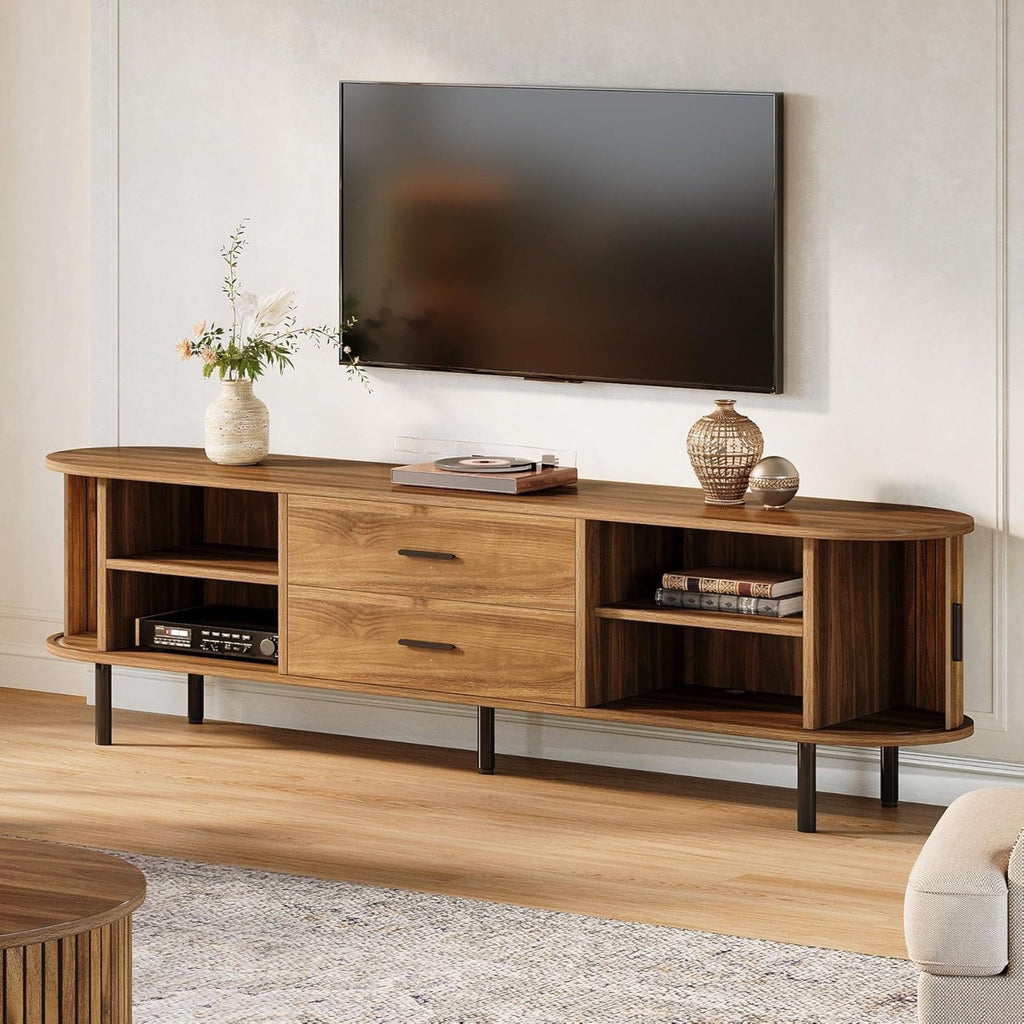 Fluted TV Stand With Tambour Sliding Doors - Walnut