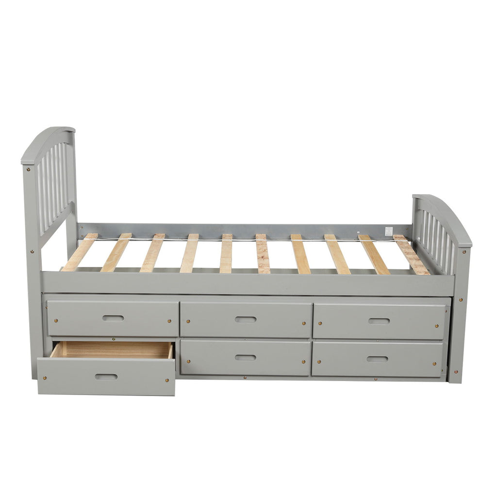 Twin Size Platform Storage Bed Solid Wood Bed With 6 Drawers - Gray