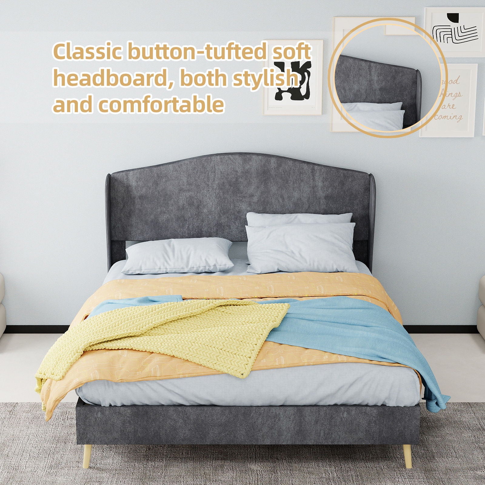 Upholstered Bed, Tufted Headboard, Comfortable Sleep