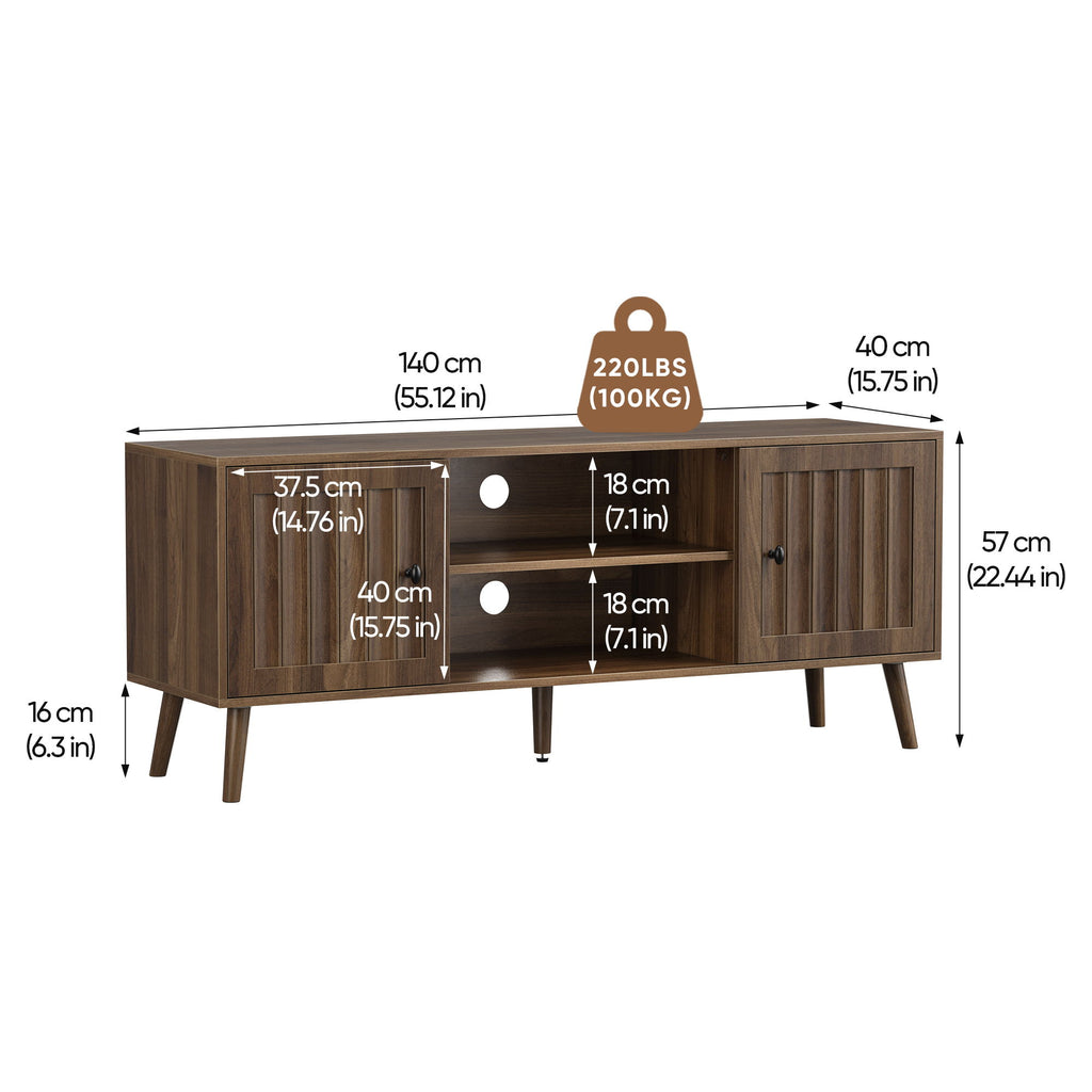 55" TV Cabinet With Vertical Groove Doors, Adjustable Shelves - Walnut