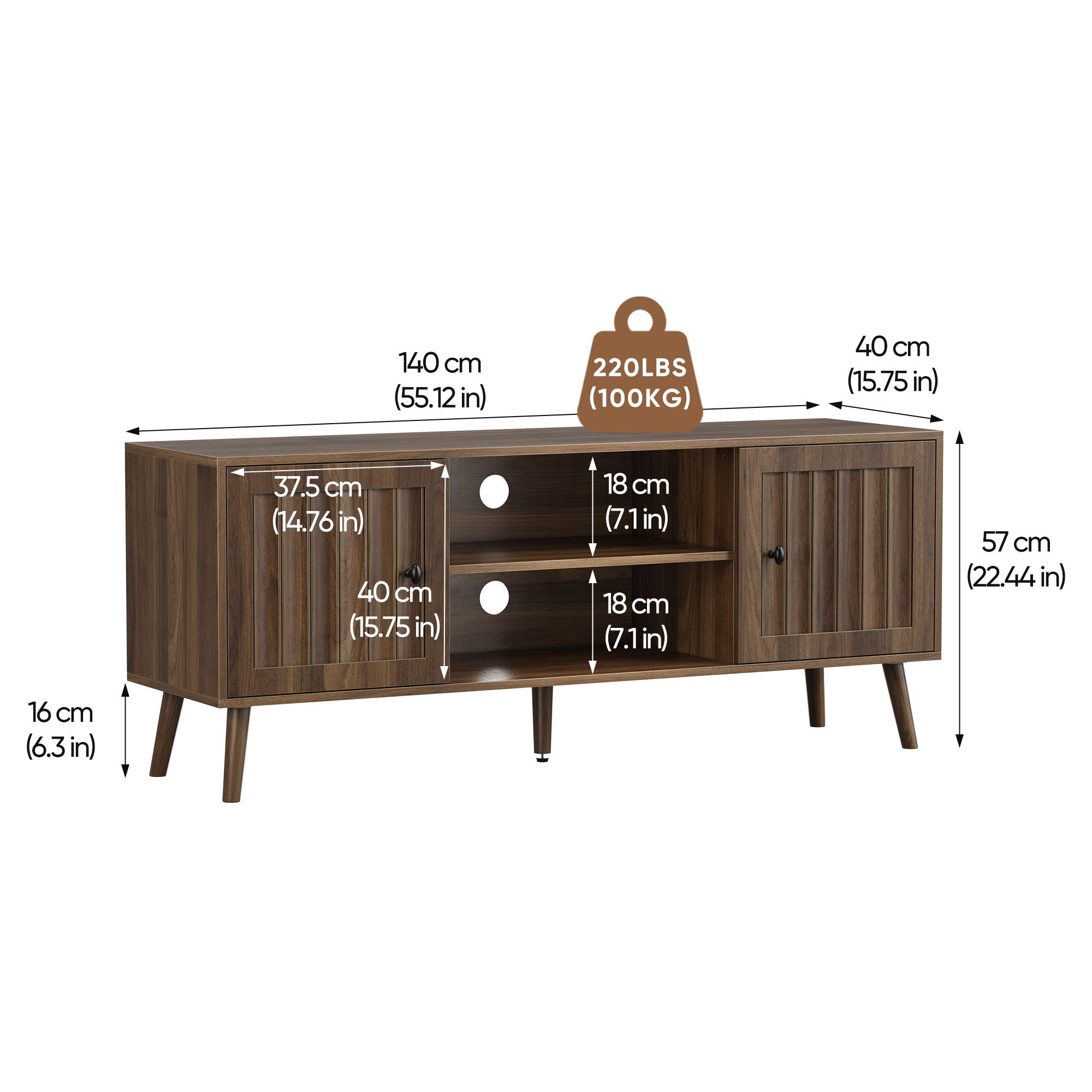 55" TV Cabinet With Vertical Groove Doors, Adjustable Shelves - Walnut