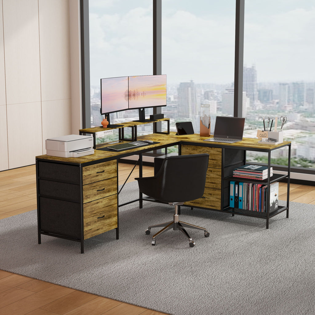 Industrial L Shaped Computer Desk With Power Outlets & USB-C, 6 Fabric Drawers, 3 Open Shelves, Movable Monitor Stands - Brown